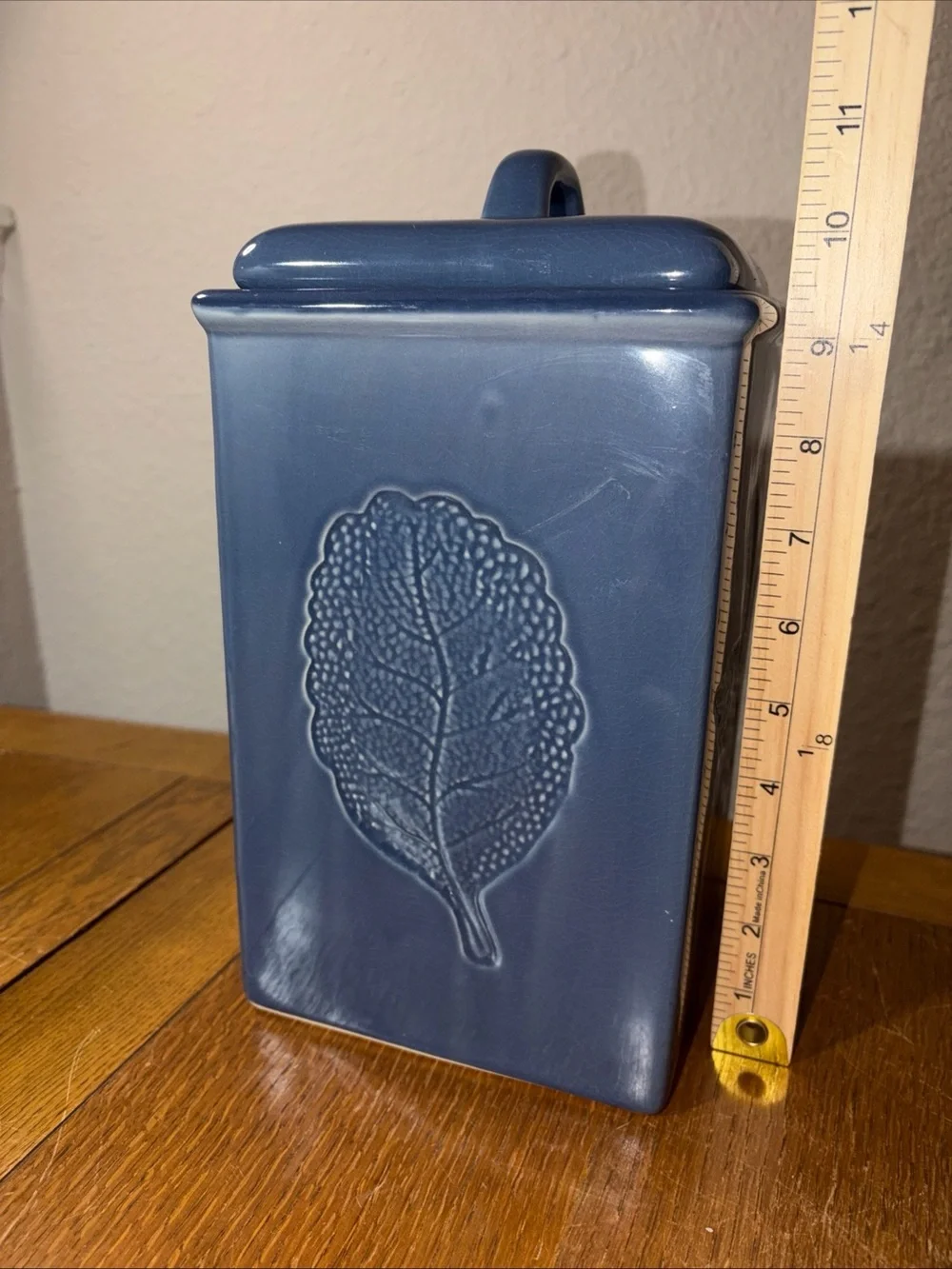 Vintage Lillian Vernon Kitchen Canister Blue Embossed Leaf Ceramic 11” - Picture 5 of 10